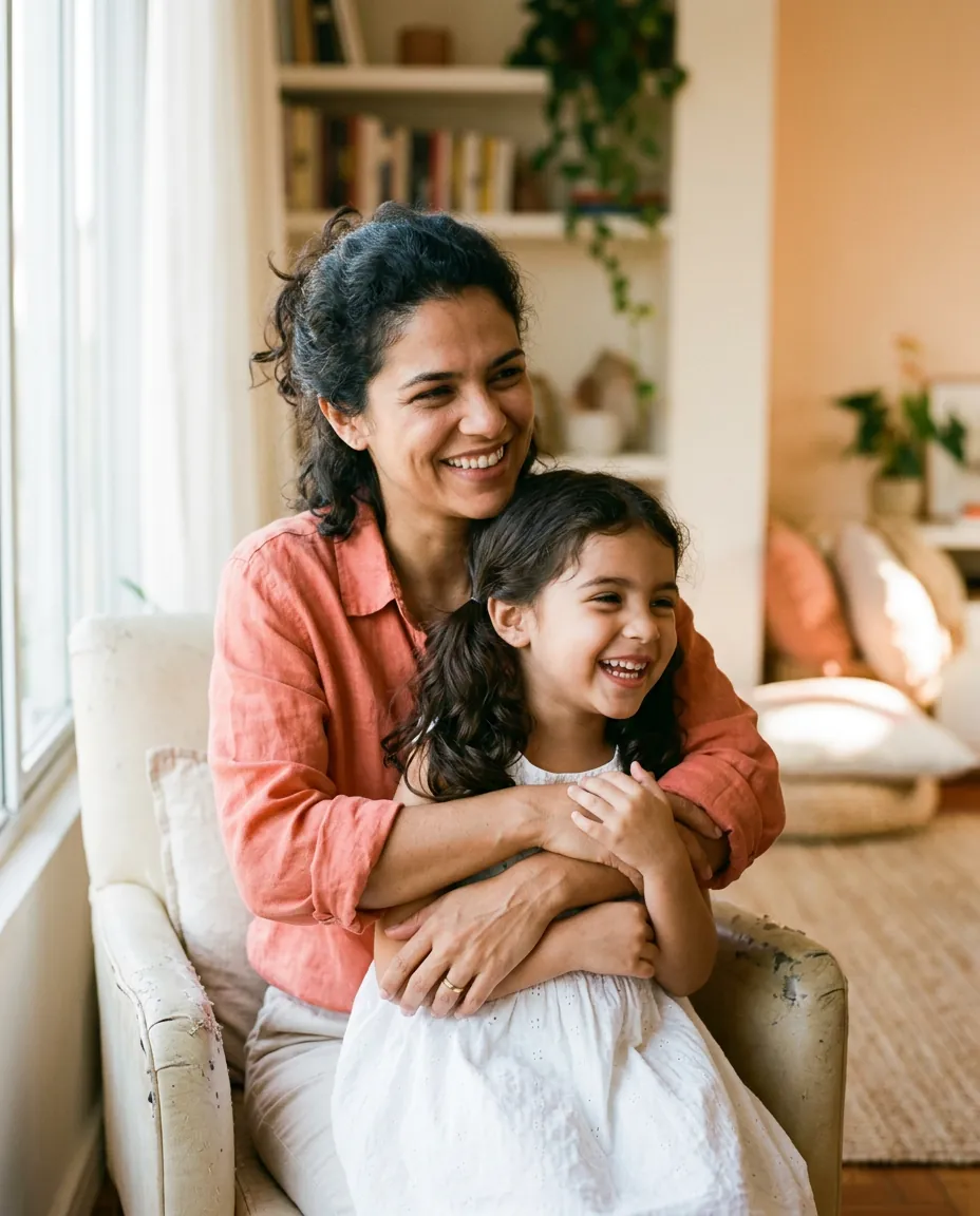 Mãe abraçando a filha em casa, as duas sorrindo