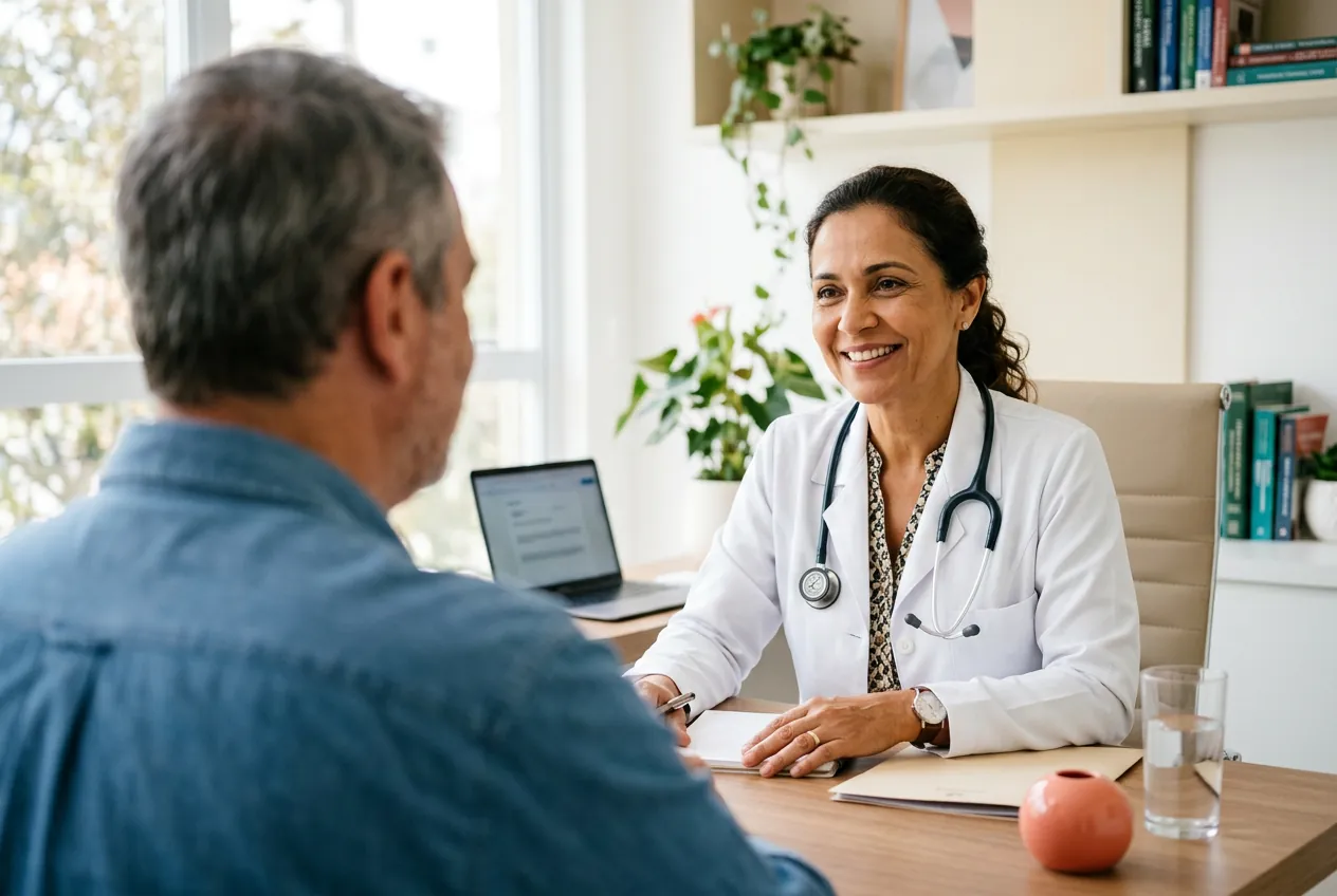 Médica sorrindo durante consulta com paciente em consultório claro