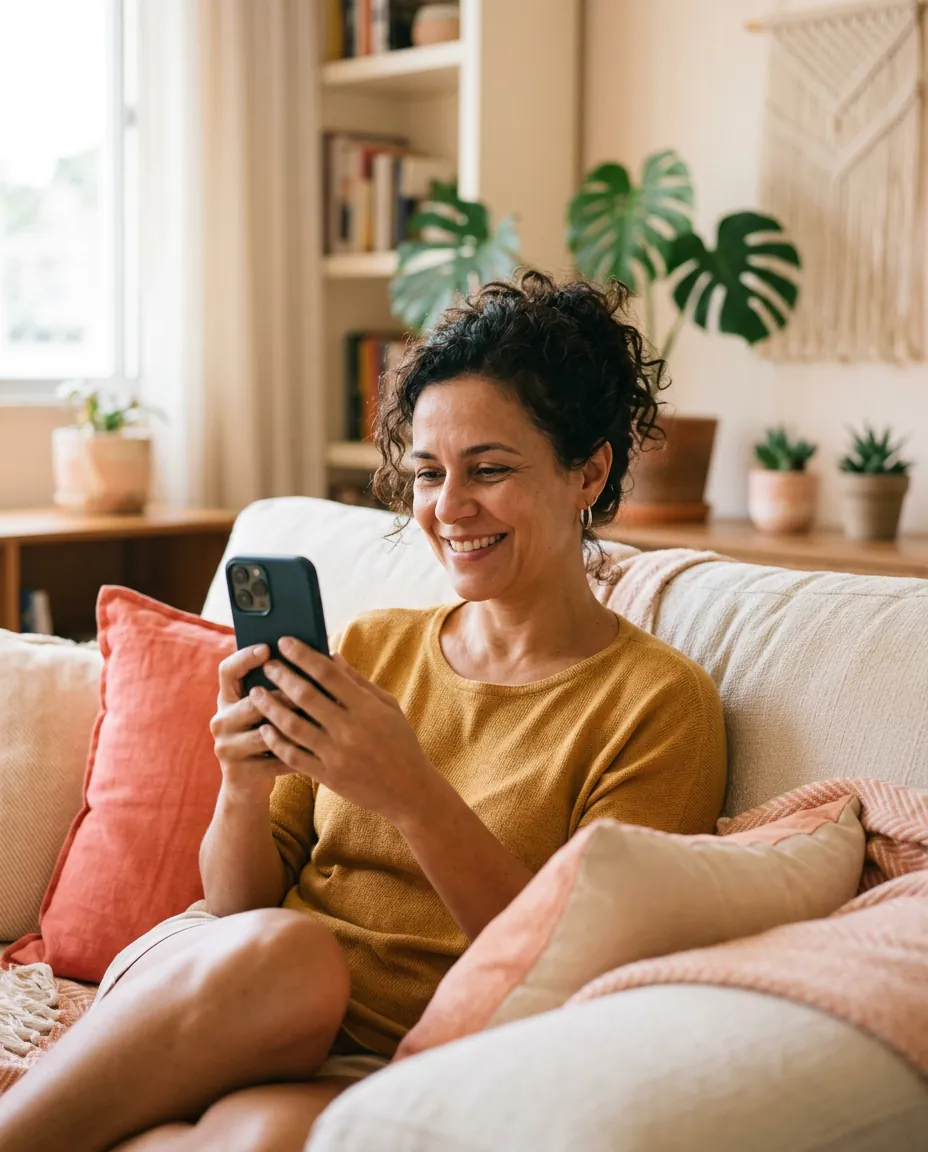 Mulher sorrindo em consulta por vídeo no celular, no sofá de casa